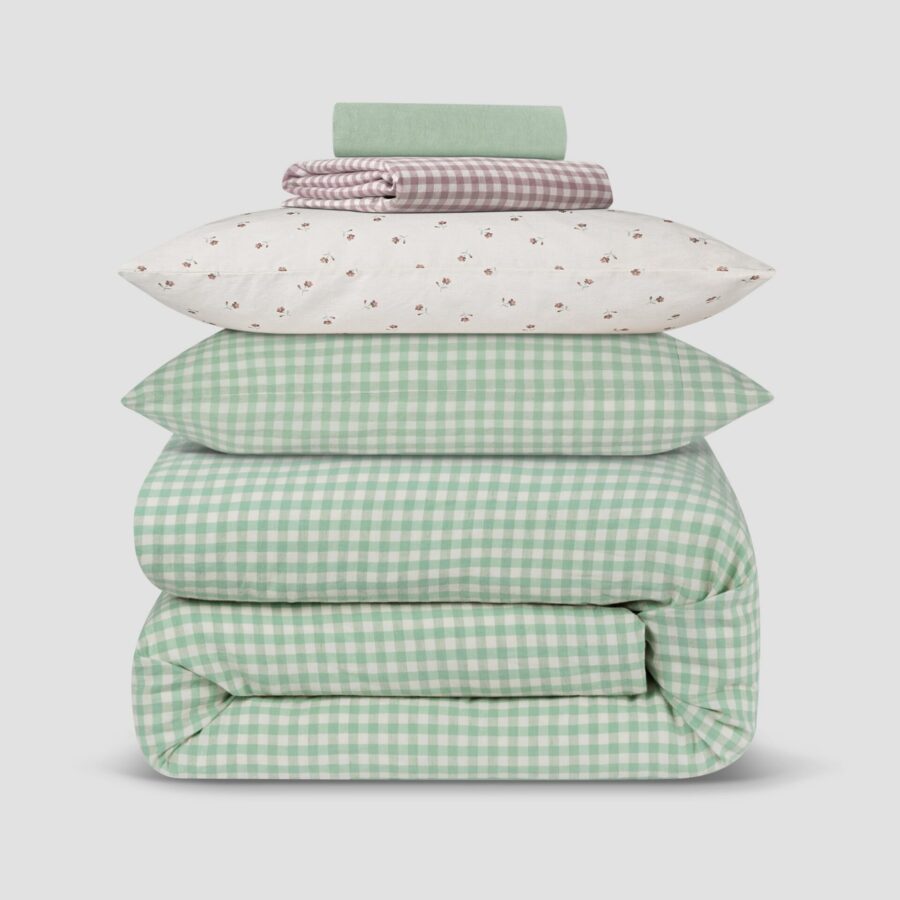 Sage Green Gingham Linen Blend Bedding Set Style 3