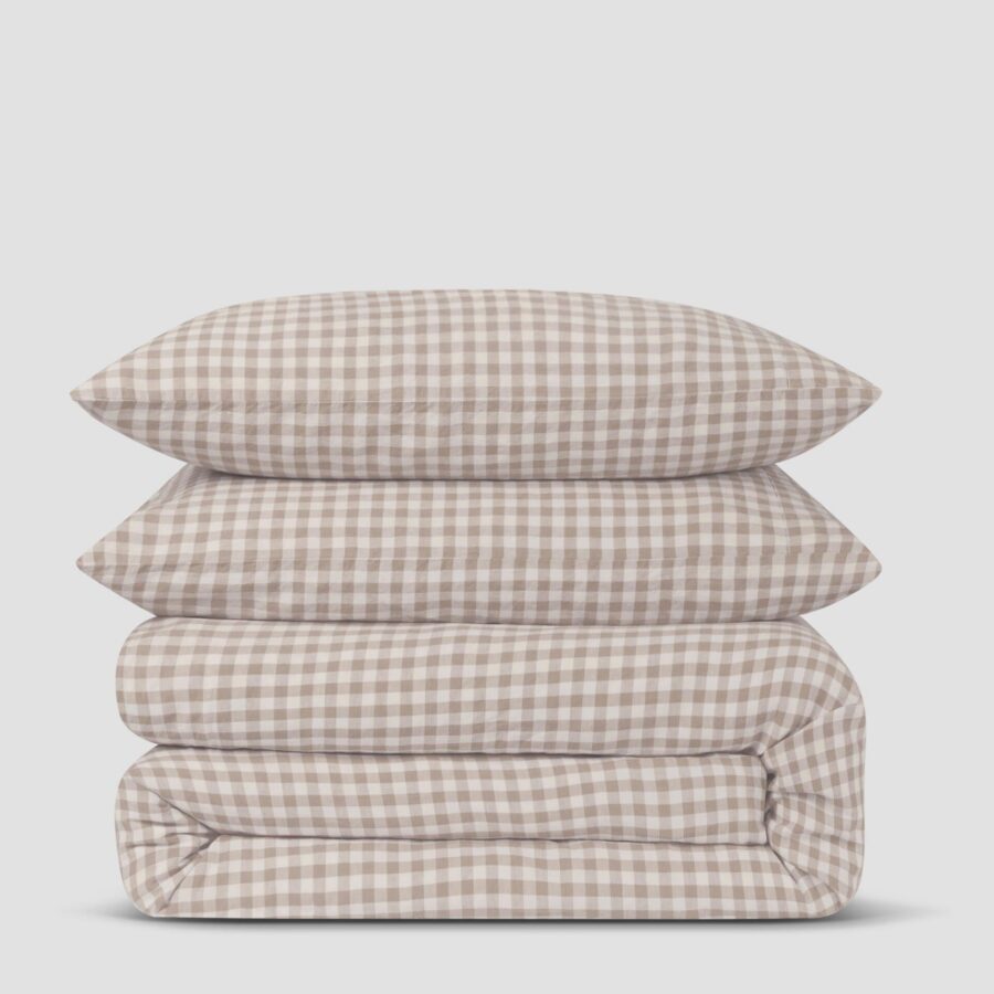 Mushroom Gingham Linen Blend Bedding Set
