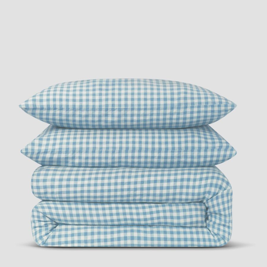 Warm Blue Gingham Linen Blend Bedding Set