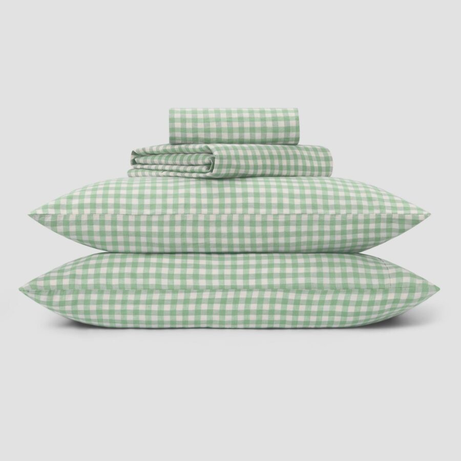Sage Green Gingham Linen Blend Bedding Set
