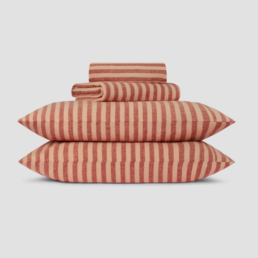 Sandstone Red Striped Linen Blend Bedding Set Style 2