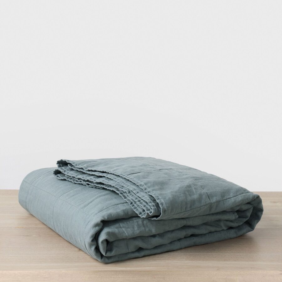 Quilted Linen Bedcover in Bluestone